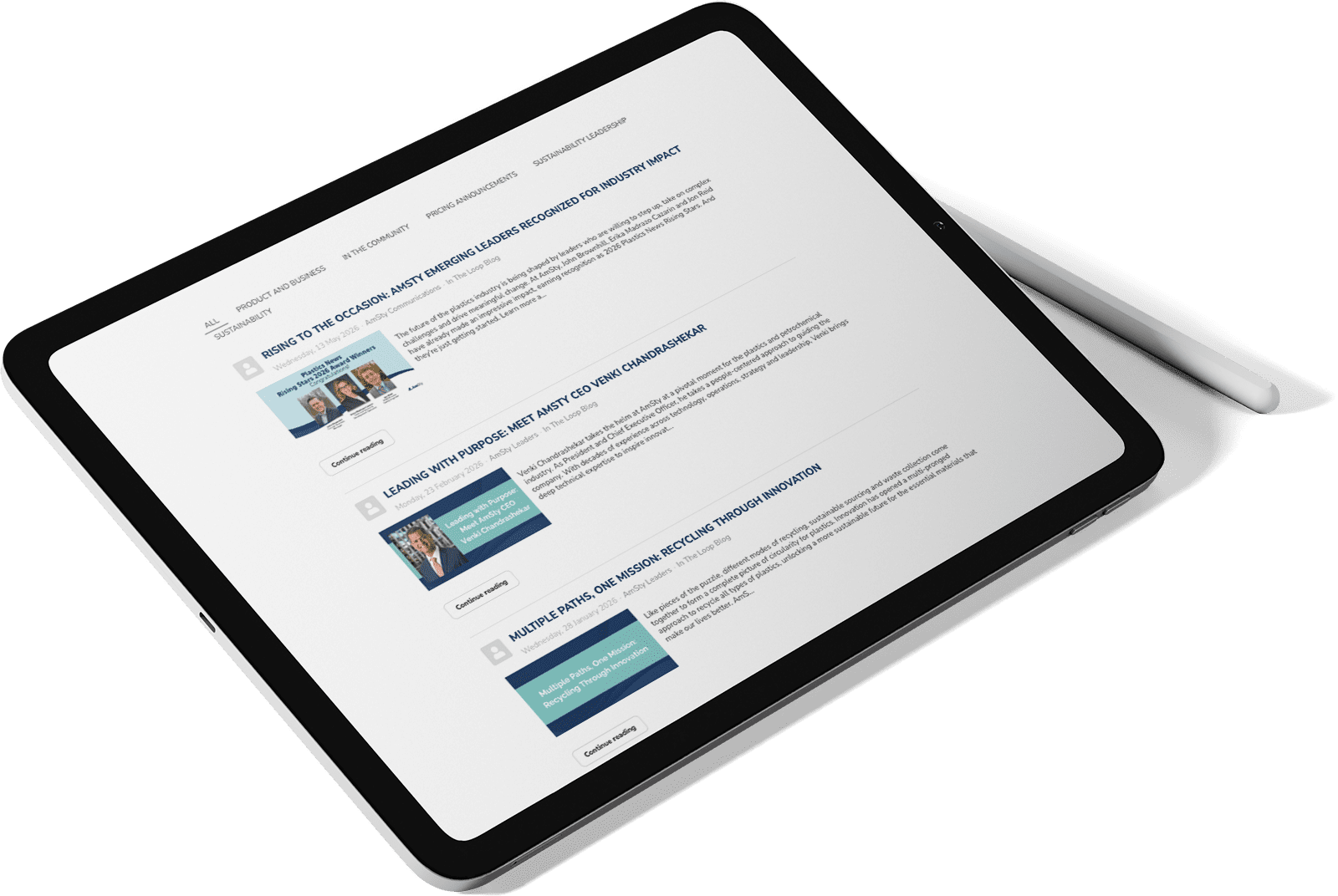 Screenshot of website shows recent articles